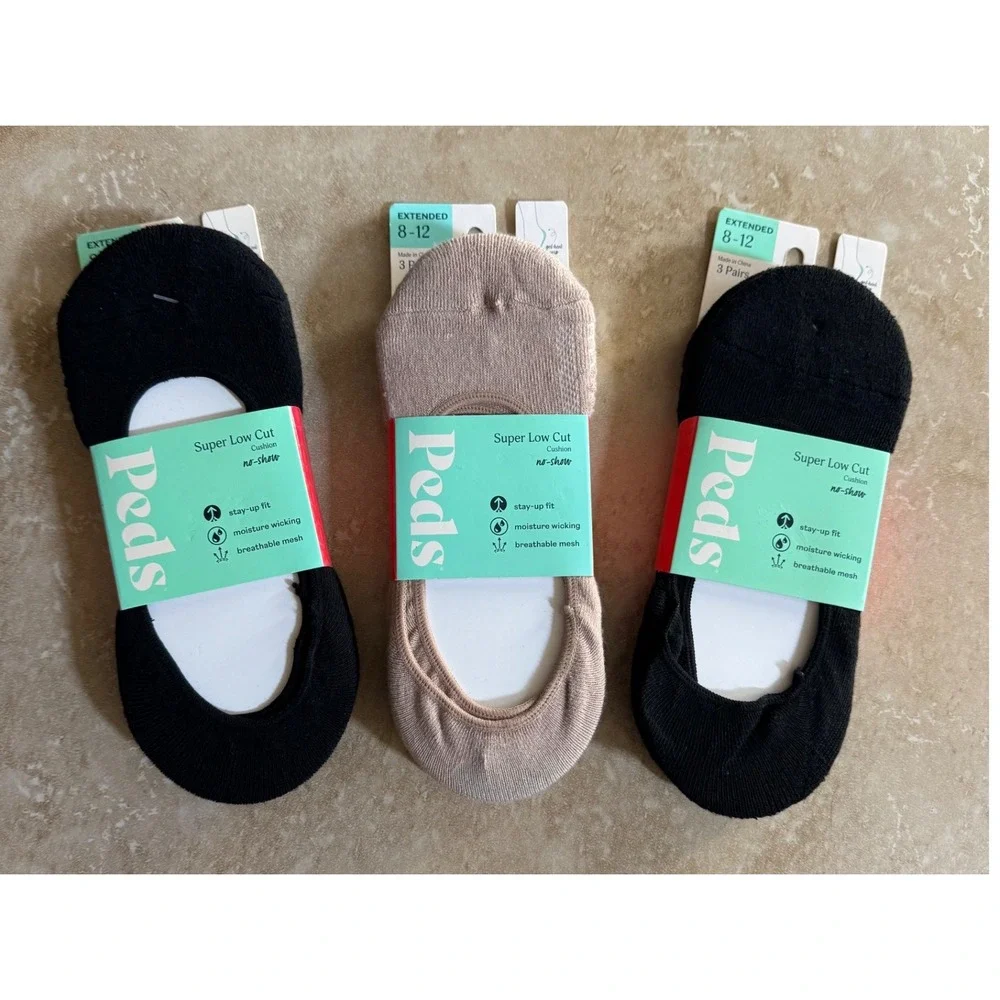 Peds Liner Socks Women 8-12 Black Nude Super Low Cut Cushion No Show 9 Pairs NEW